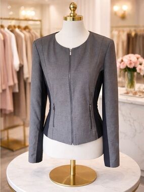 Calvin Klein Zip Front Blazer Jacket Size 12 Gray Black Stretch Career Work